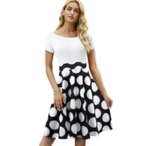 Black and white polka dot boatneck A-line dress